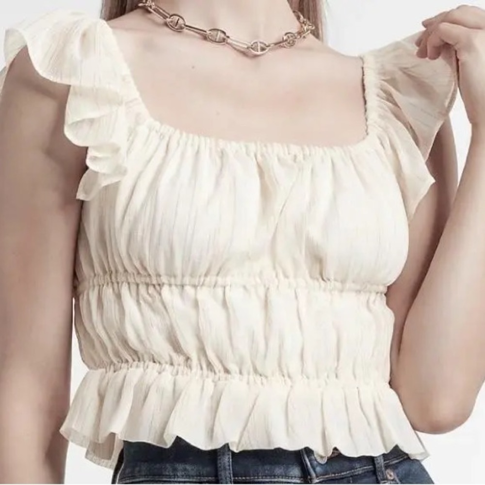 Express Women's Ruffle Sleeve Tiered Crop Top - XL